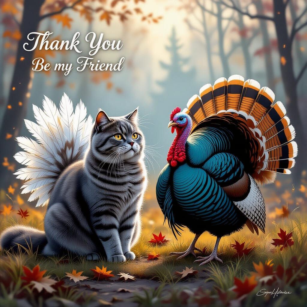 Majestic British Shorthair Cat with Turkey in Misty Autumn W...