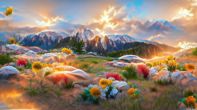 Granite Peaks at Sunset Over Wildflower Meadow