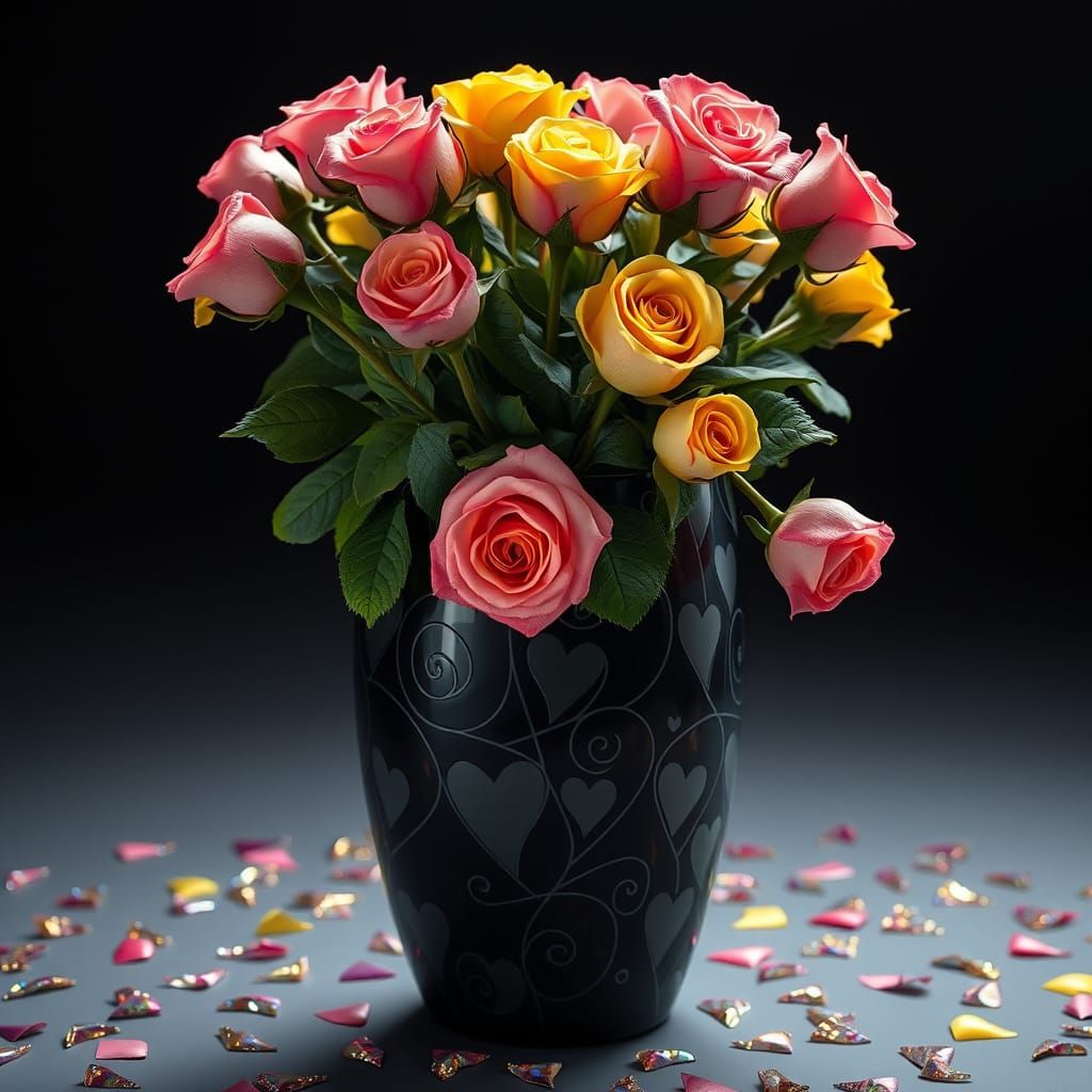 Sleek Black Vase with Engraved Hearts and Glittering Roses i...