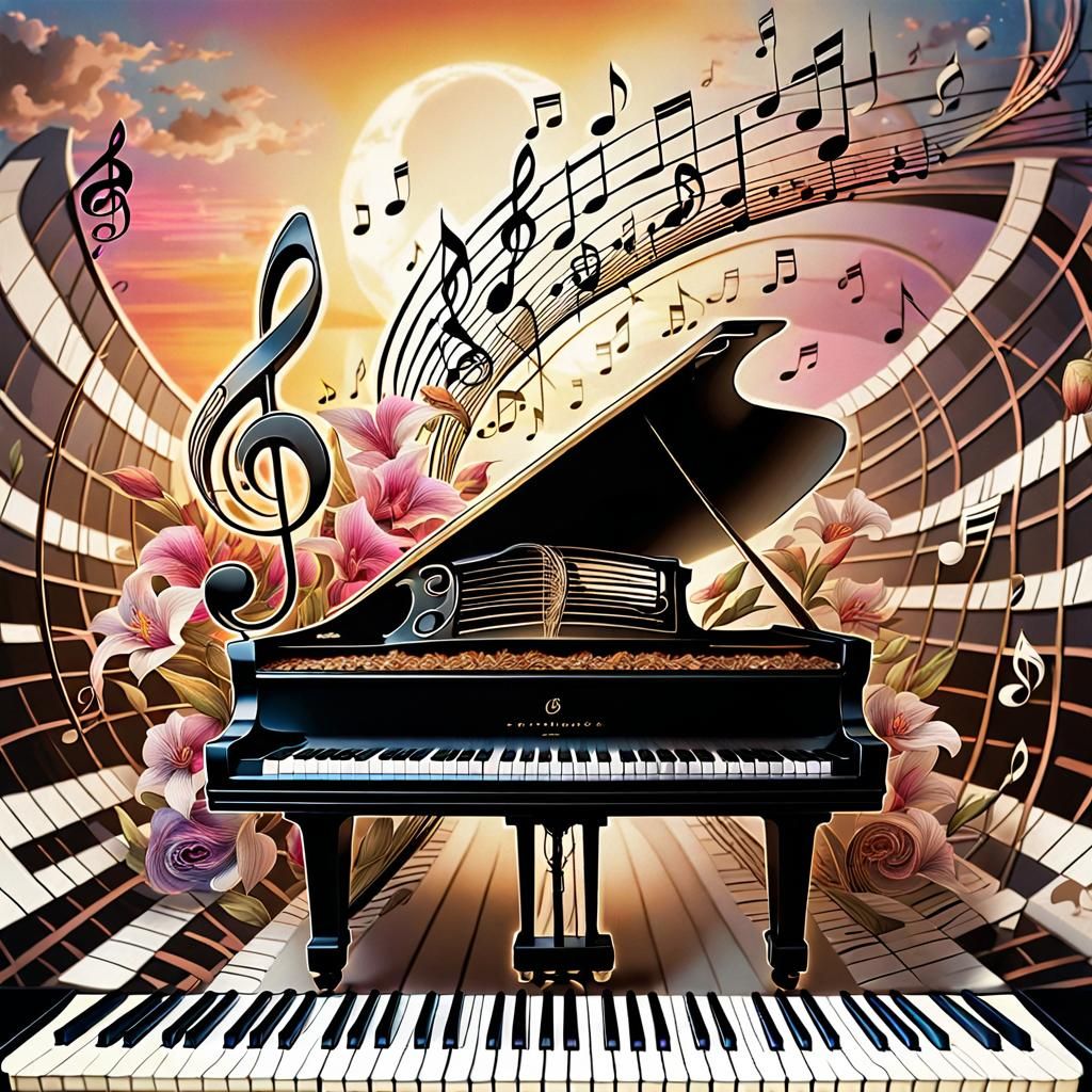 Intricate Bird Pianist in Fractal Light Webbing