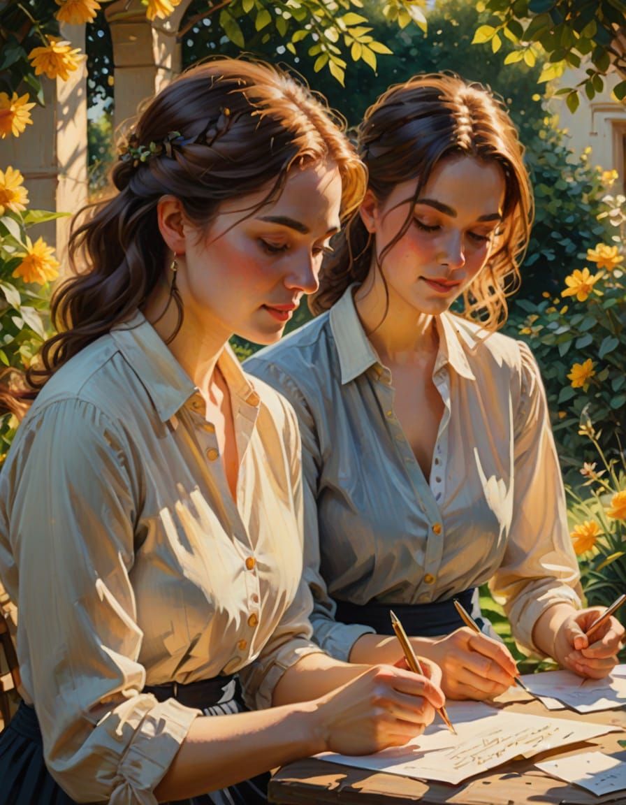 Young Women Exchanging Letters in a Sunny Garden Oil Paintin...