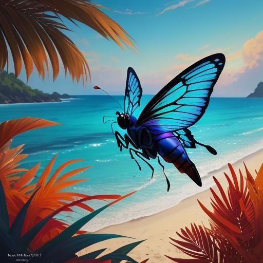 Bee Butterfly Violin on Tropical Beach