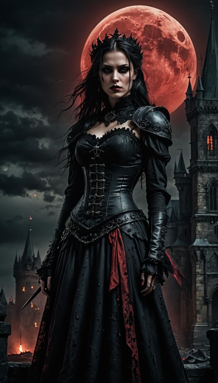 Dark Princess Warrior in Black Castle, Gothic Art