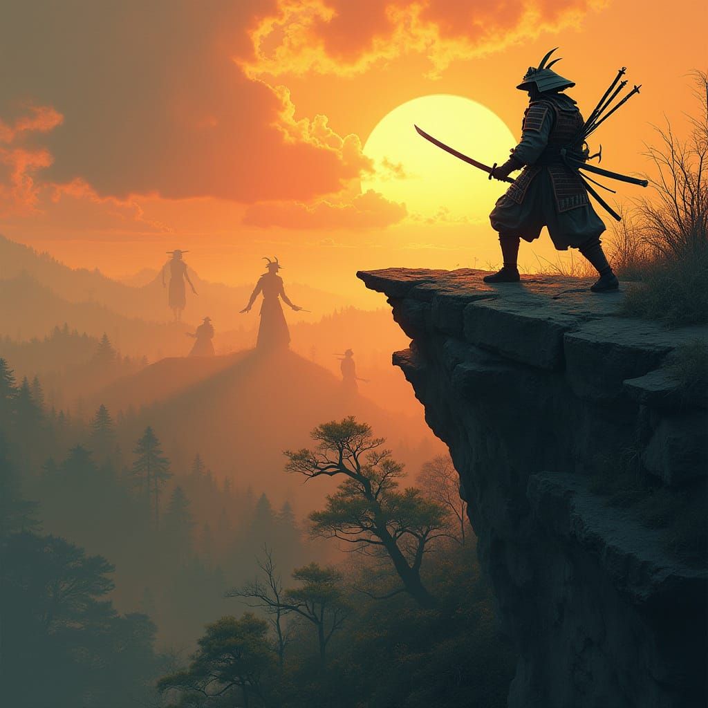 Samurai Warrior Battles Evil Spirits in Mountain Valley