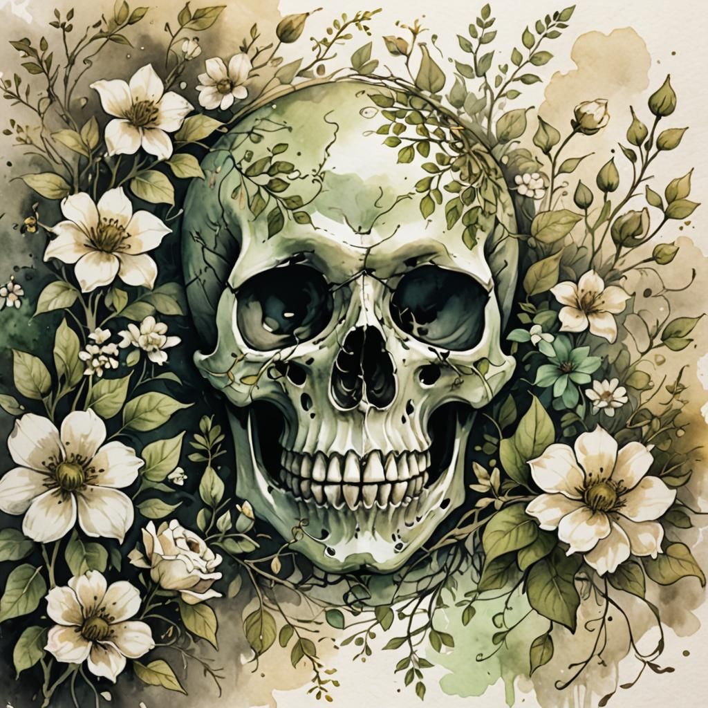 Ethereal Ink Wash: Skull and Flowers in Serene Garden