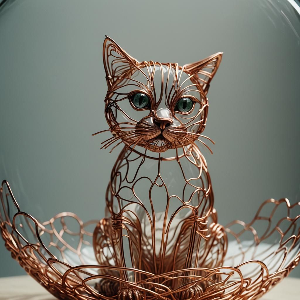 Copper Wire Cat Sculpture in Glass Bowl