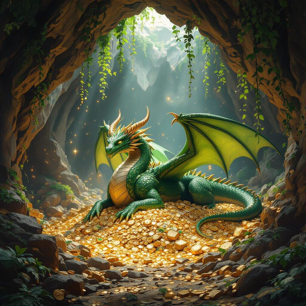 Majestic Green Dragon Guards Gold Hoard in Stone Cave