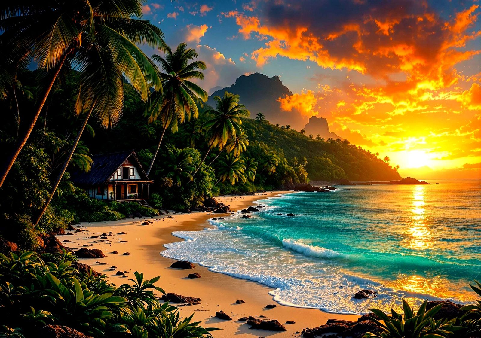 Breathtaking Hyperrealistic Sunset Jungle Oasis