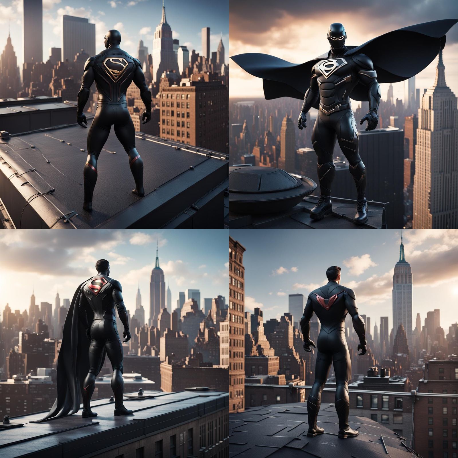 Superhero Orbit Man on NYC Roof: Detailed Matte Painting