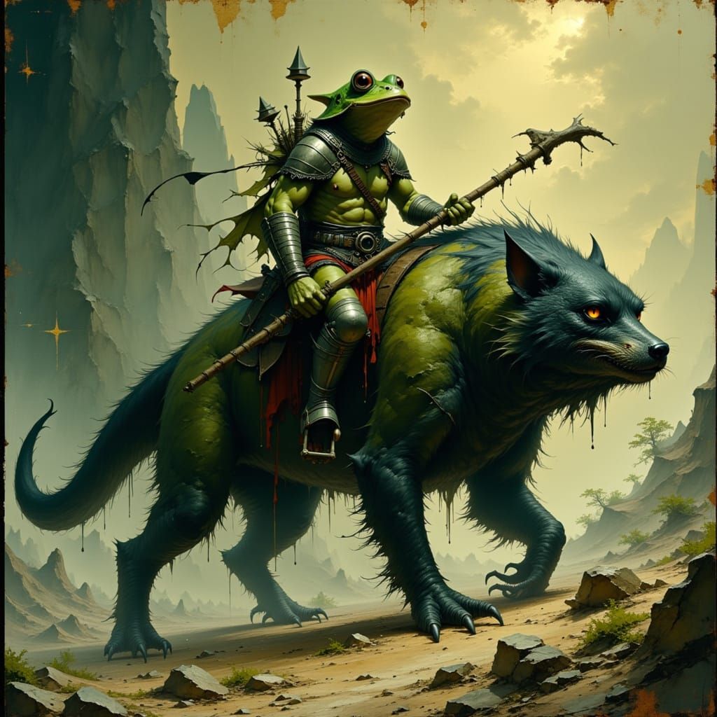 Frog-Goblin Rides Wolverine in Dark Fantasy Scene