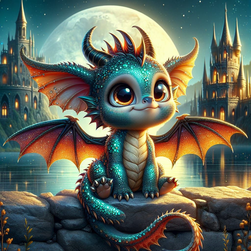 Cute Dragon with Sparkling Eyes and Castle Backdrop