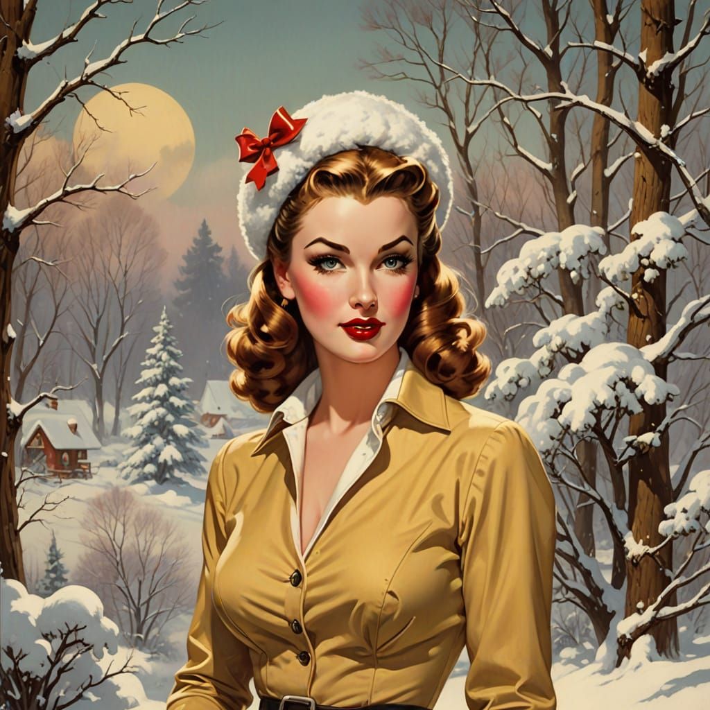 Vintage Pin-Up Beauty in Snowy Winter Wonderland