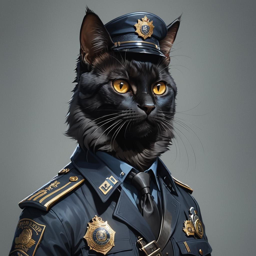 Black Russian cat in a police officer uniform