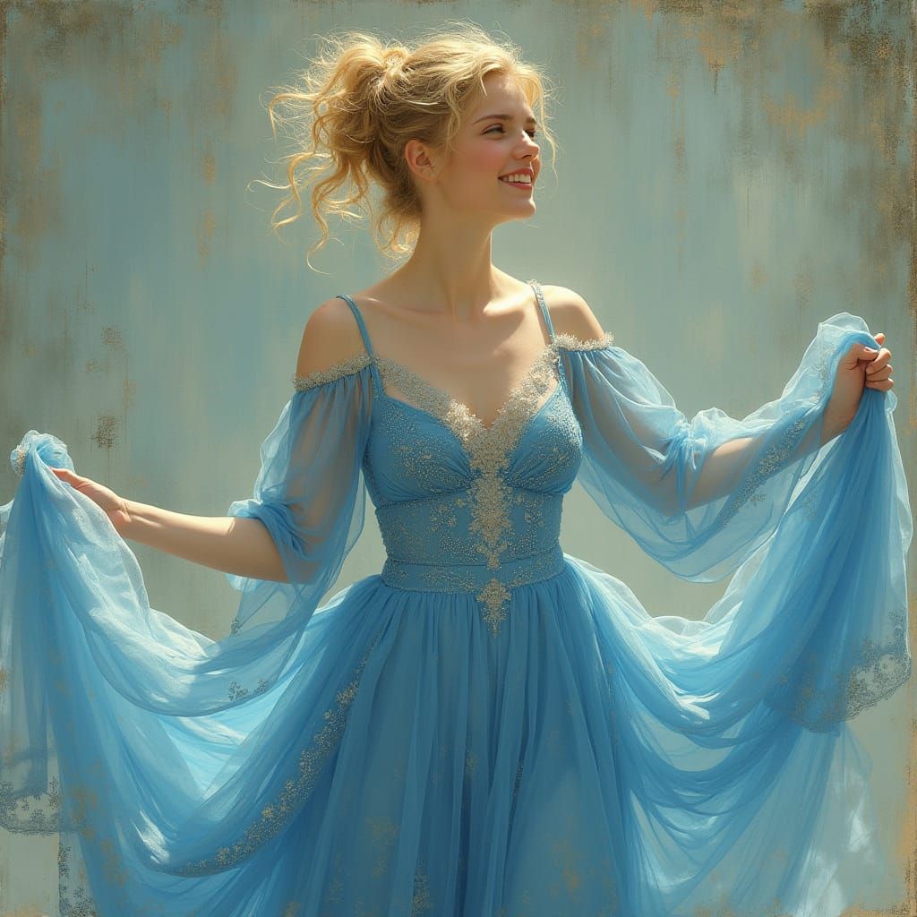 Elegant Woman by Waterfall in Art Nouveau Style