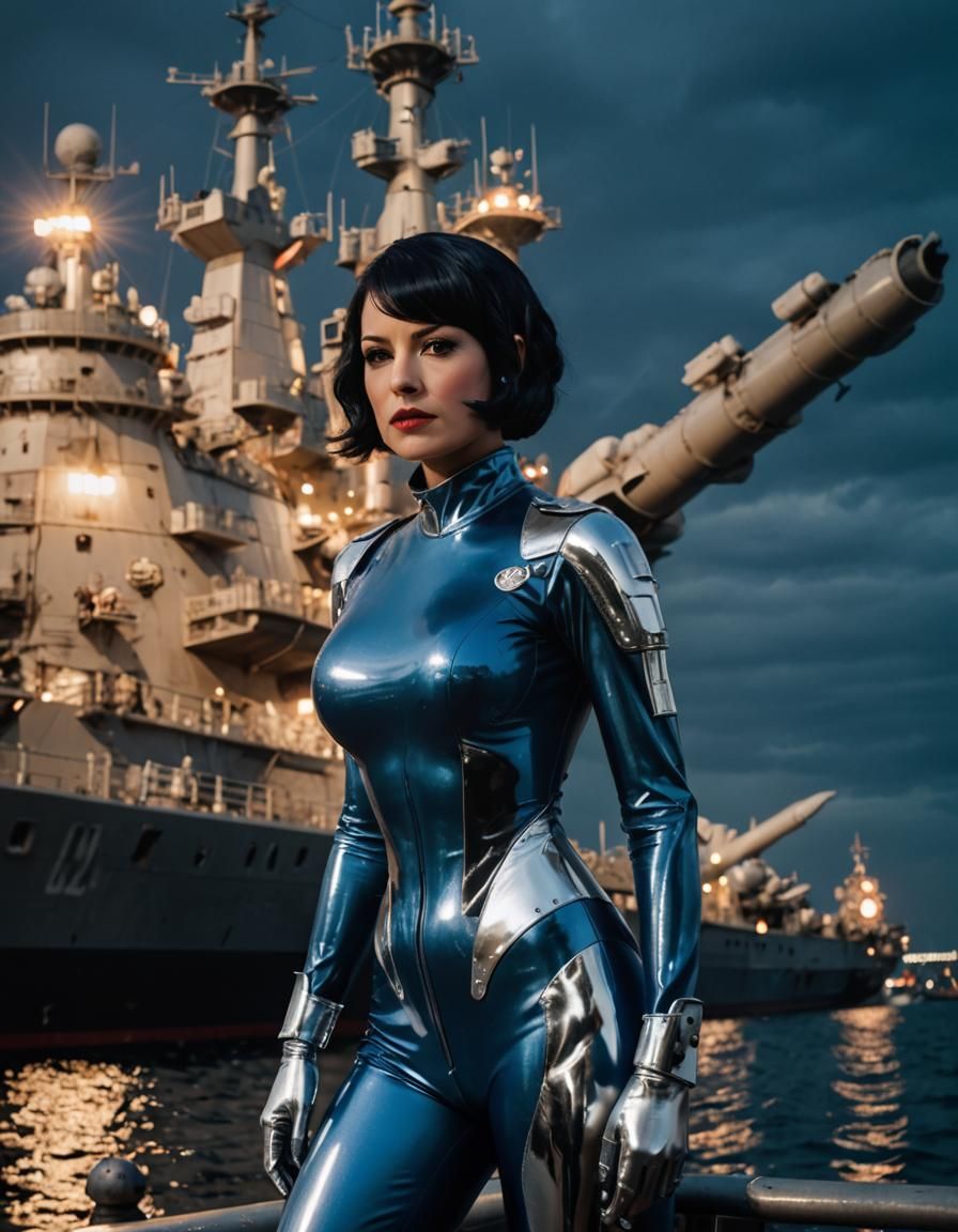 Woman in Latex Suit Before Battleship, Digital Art