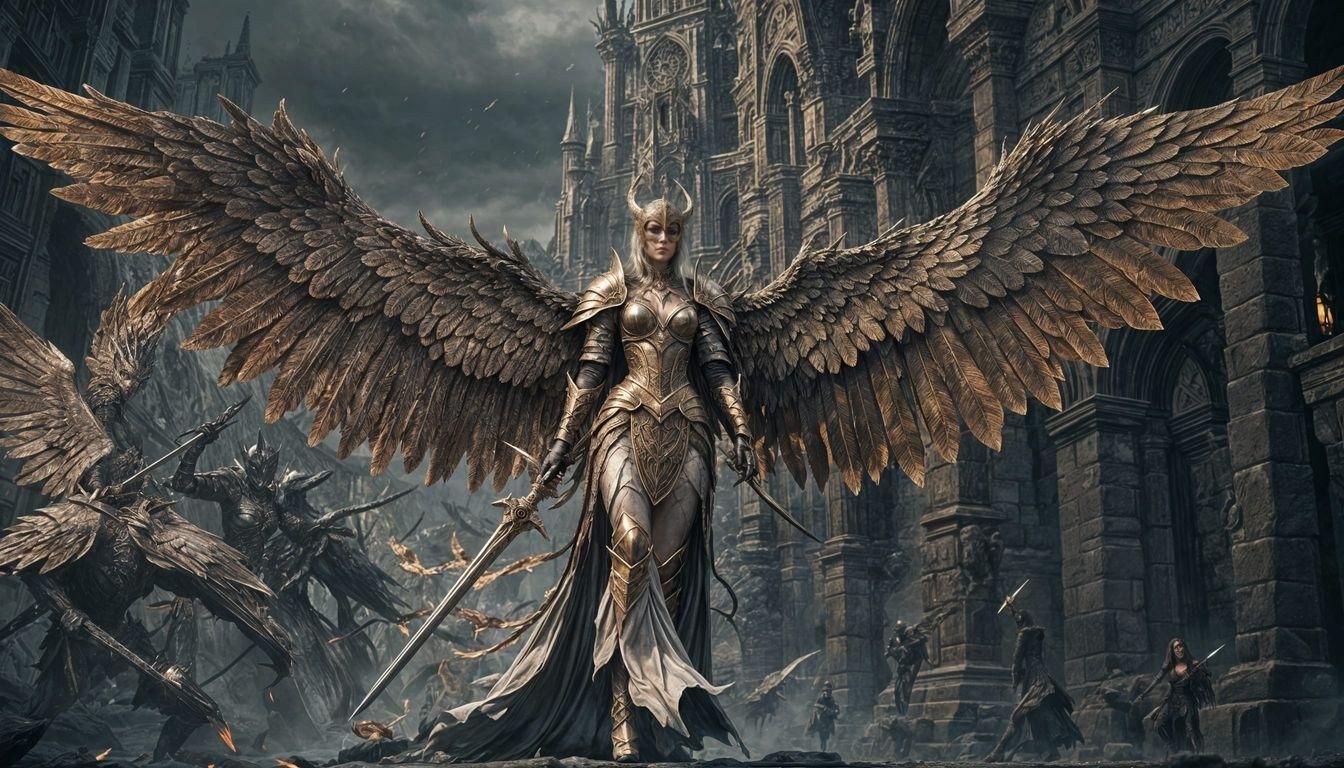 Winged Woman Knight with Sword in Dark Fantasy Style