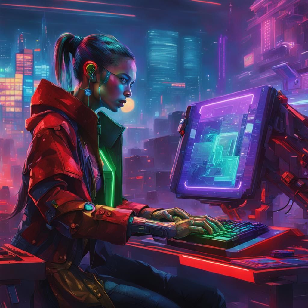 Cyberpunk Woman Hacker with Cybernetic Arms