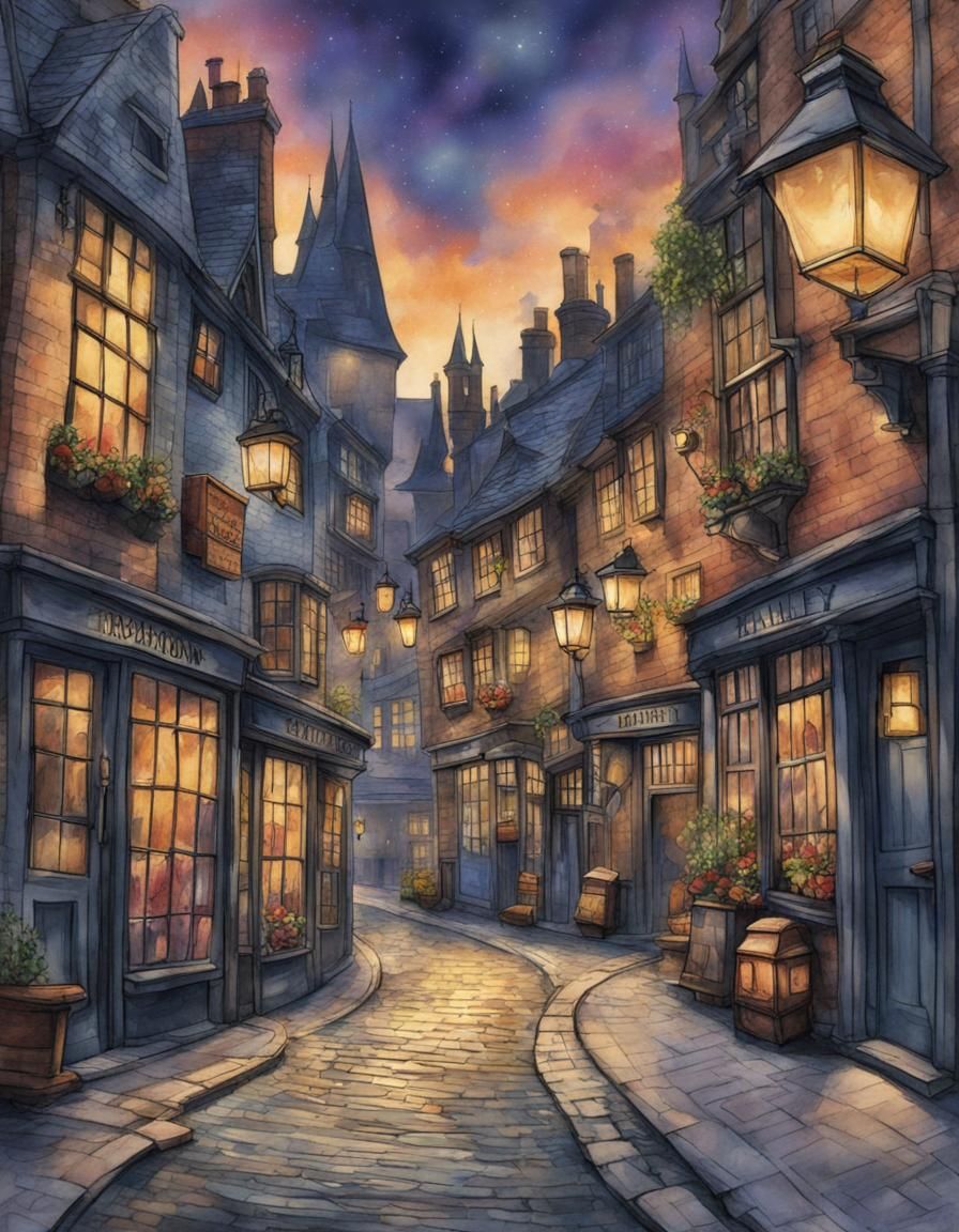 Harry Potter Trio in Diagon Alley Watercolor