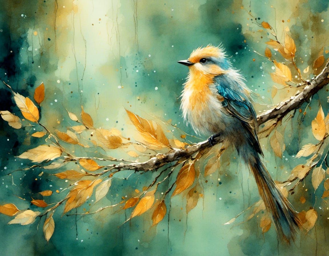 Vibrant Bird on Branch in Watercolor Style