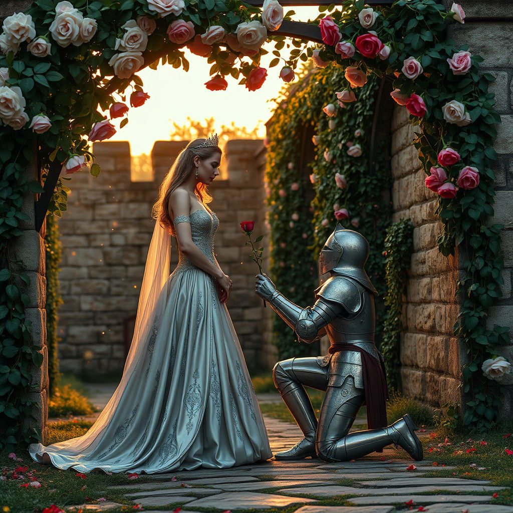 Romantic Garden Scene: Queen and Knight in Twilight