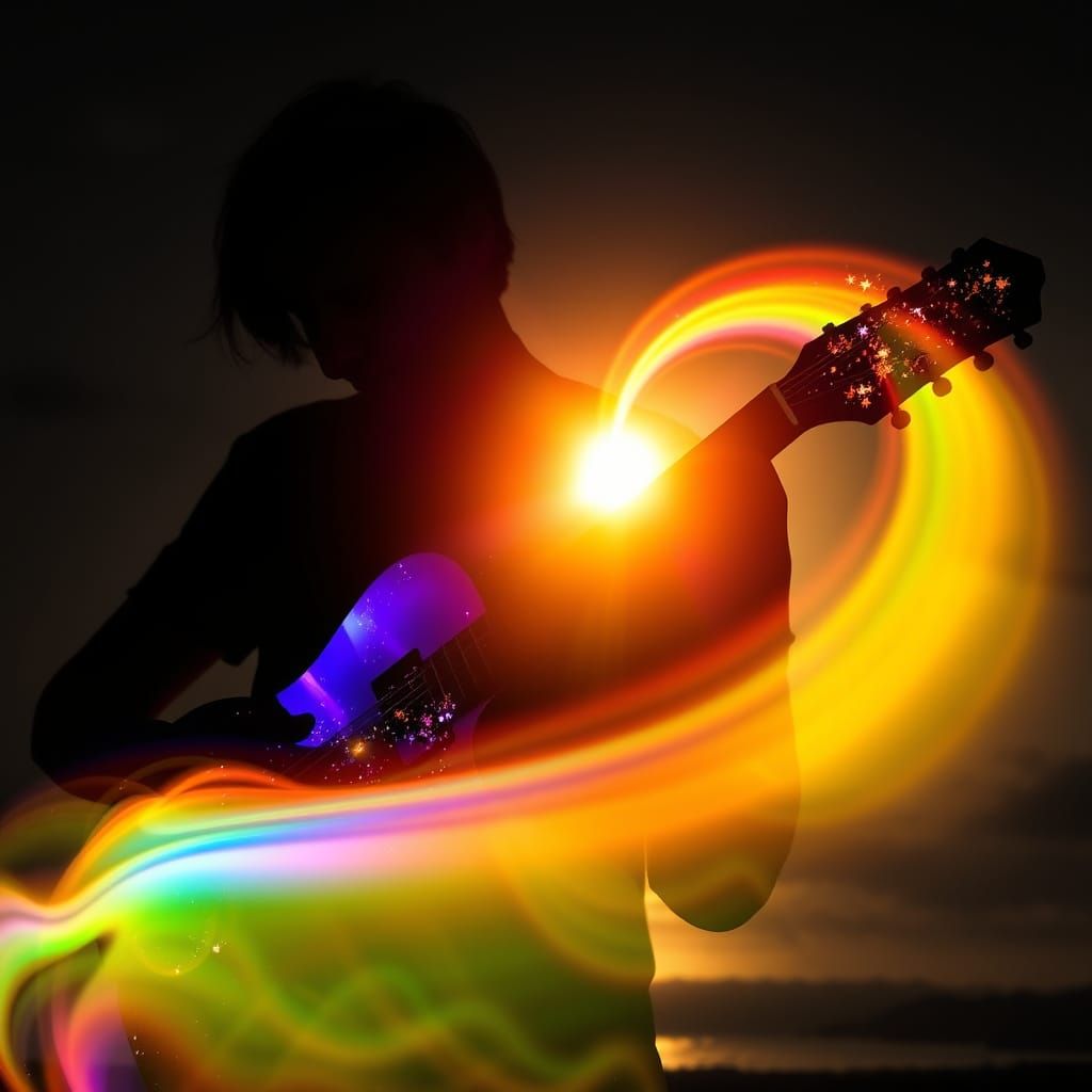 Double Exposure: Guitarist Silhouette Merged with Sunset Coa...
