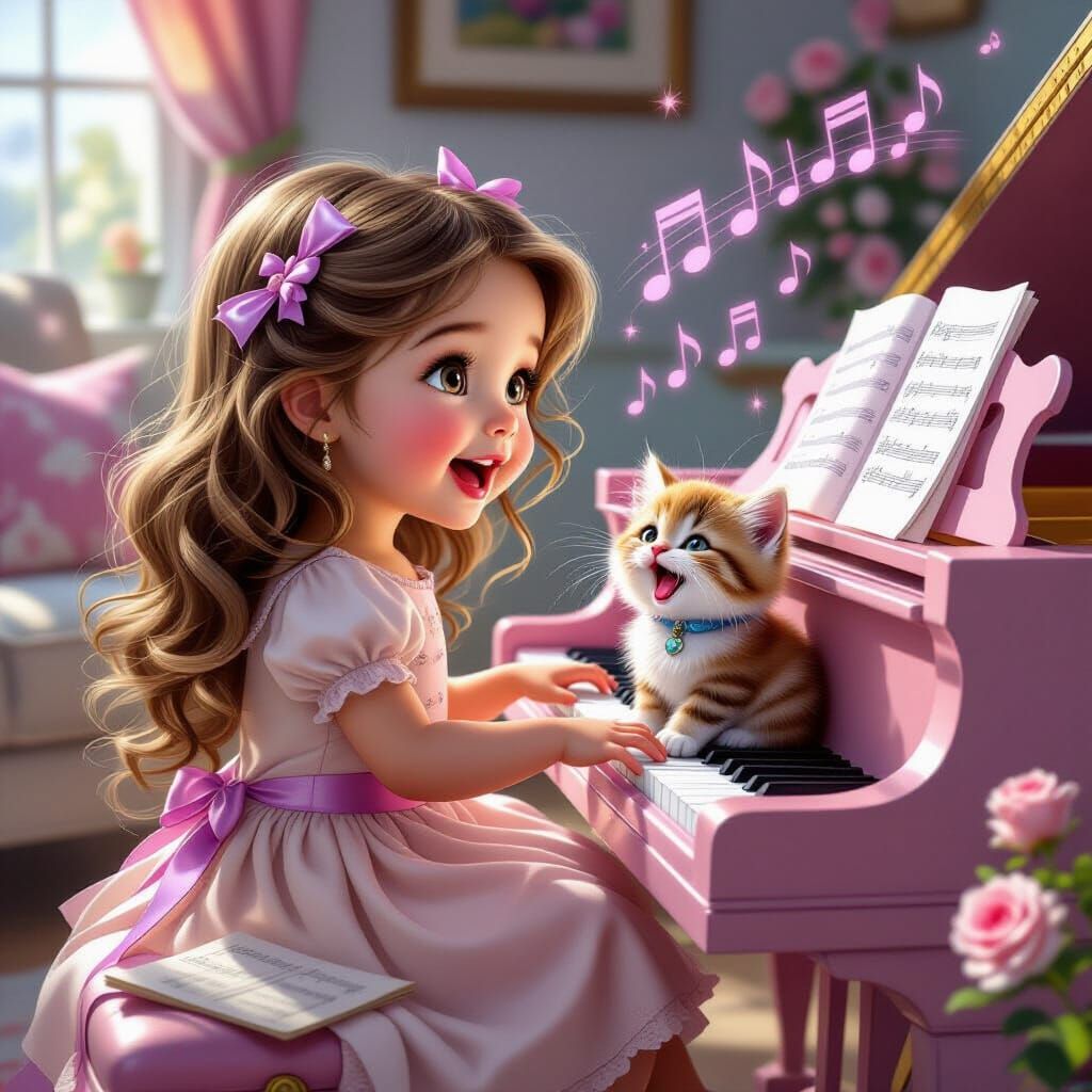 Toddler Girl Sings with Kitten in Ethereal Living Room