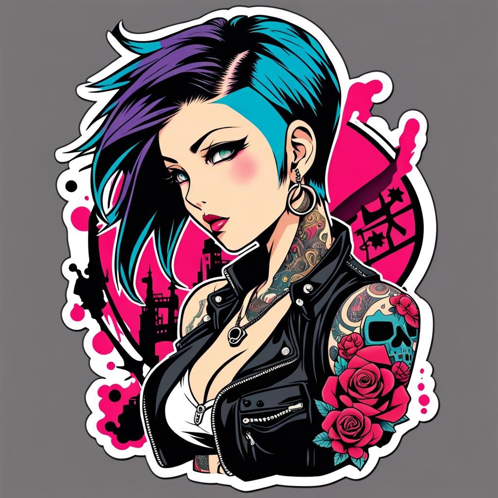 Tattooed Punk Girl Sticker in Anime Style