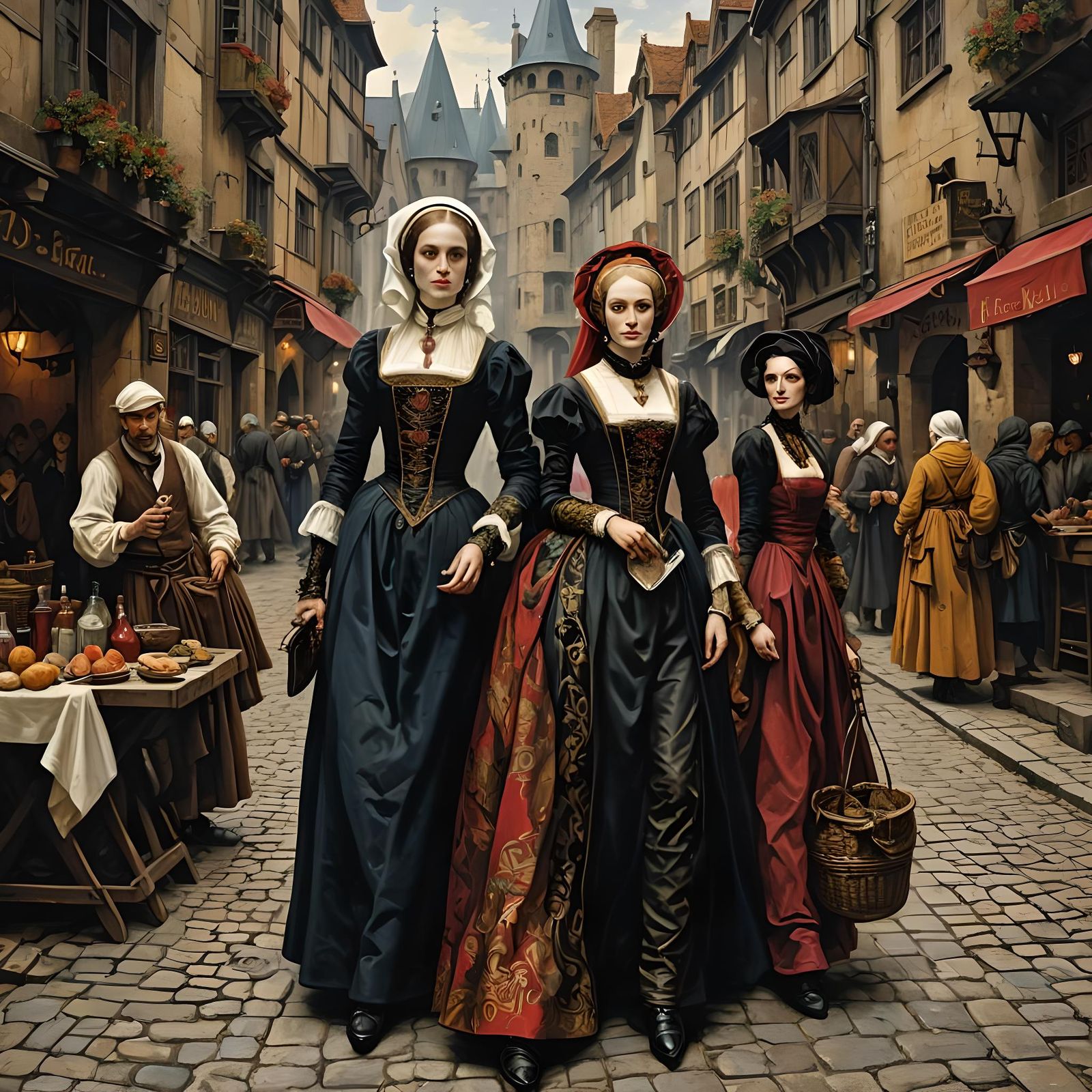 Medieval Market Scene in Gothic Oil Painting Style