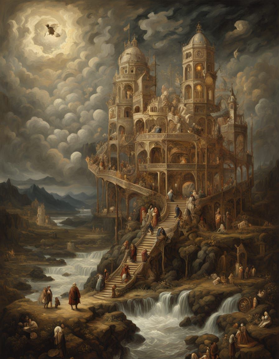 Impossible Escher-esque Structure with Hourglass and Figures