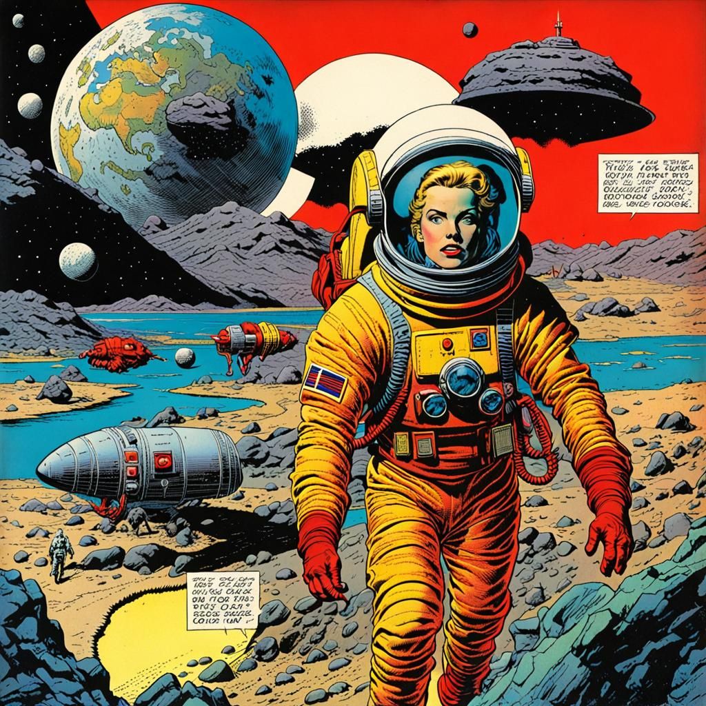 Female Astronauts on Alien World in 1950s Comic Style