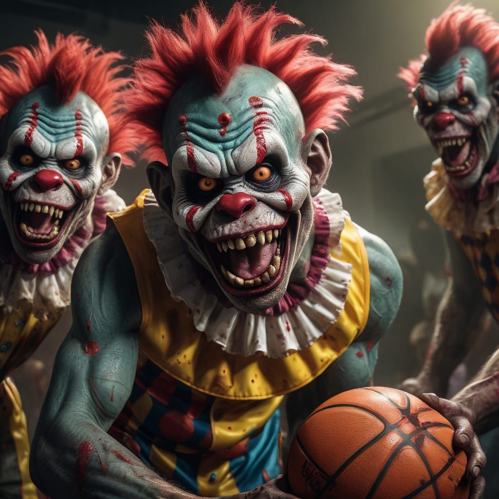 Zombie Monkey Clowns Play Basketball in Hyper-Realistic Styl...
