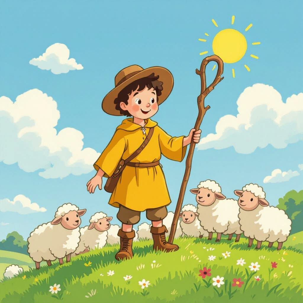 Cheerful Shepherd Boy with Sheep in Cartoon Style