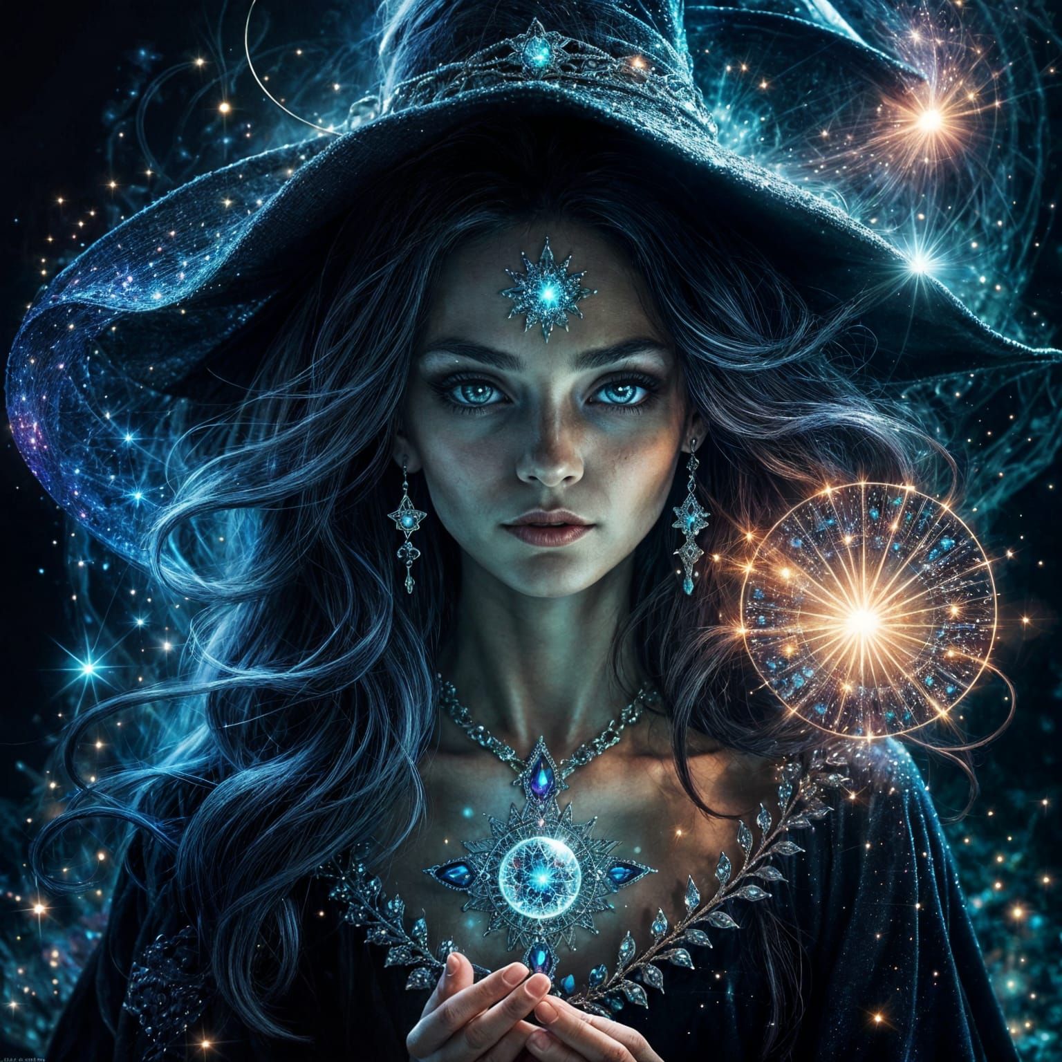 Enchanted Witch Woman Portrait with Magic Sparkles