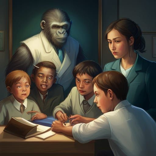 Gorilla Teacher with Monkey Students: Detailed Portrait