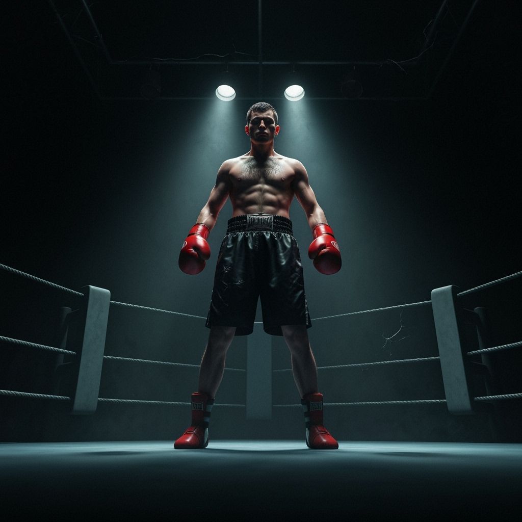 Red-Gloved Boxer in Dark Ring: Eerie Photorealism