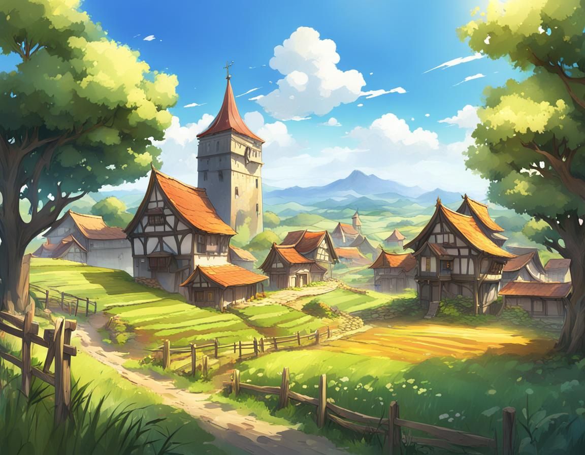 Lush Medieval Farm Town in Anime Style