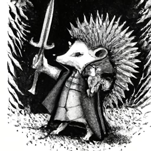 Hedgehog with Dagger in Dark Forest Ink Drawing