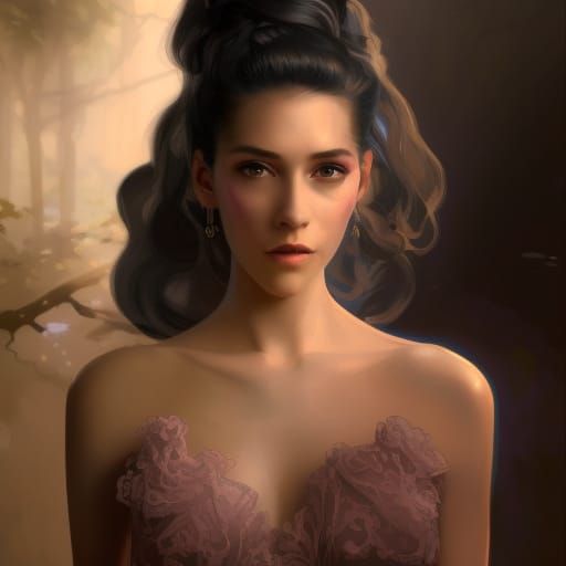 Woman in Mink Coat and Roses, Art Nouveau Portrait