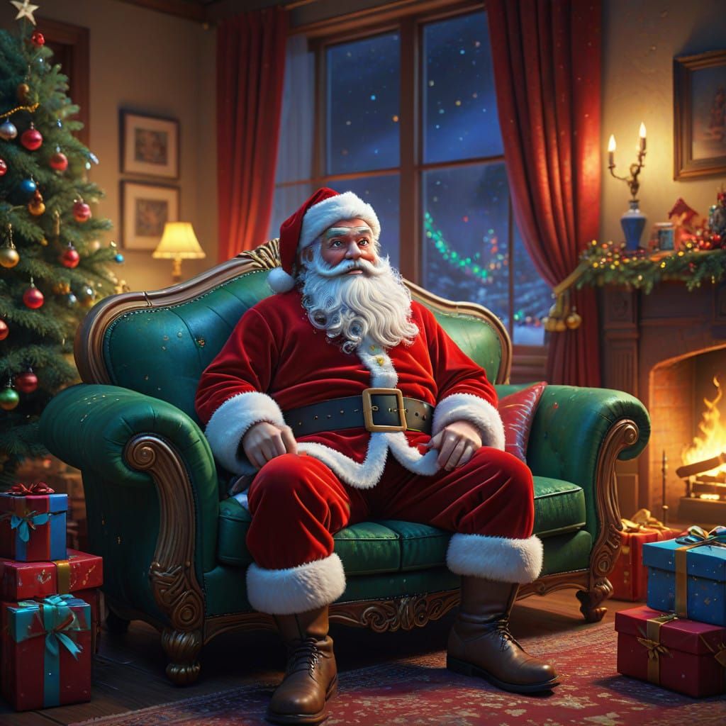 Santa Claus in a Cozy Winter Wonderland Scene in 3D Digital...