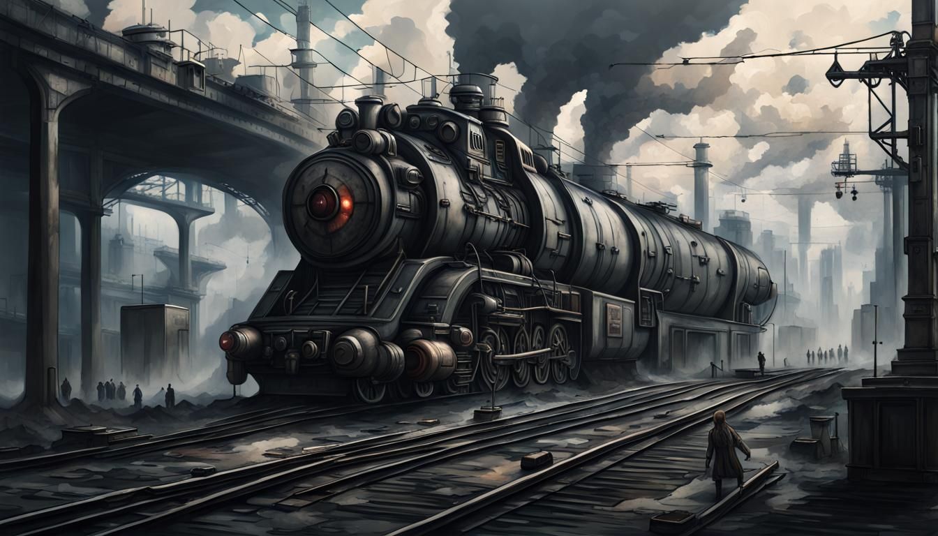 Dystopian Cyborg Aliens on Armored Trains in Oil Painting