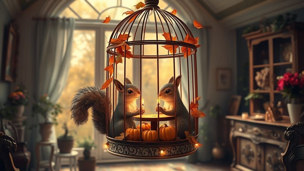 Squirrels' Romantic Autumn Date Night in Birdcage