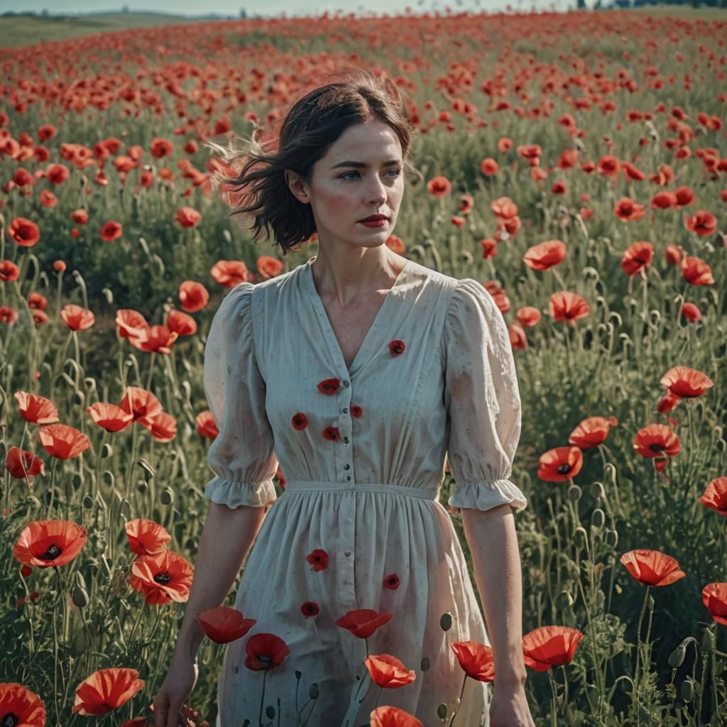 Woman in Poppy Field: Cinematic Film Still