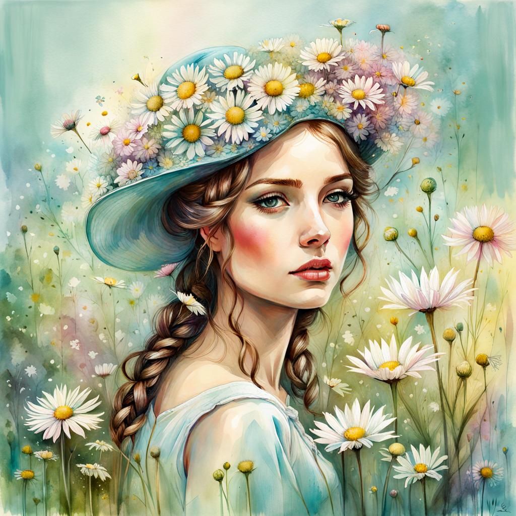 Lady Picking Daisies in Watercolor Pastel Portrait