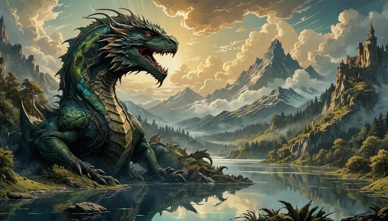 Ethereal Basilisk in a Retro-Styled Lake Valley