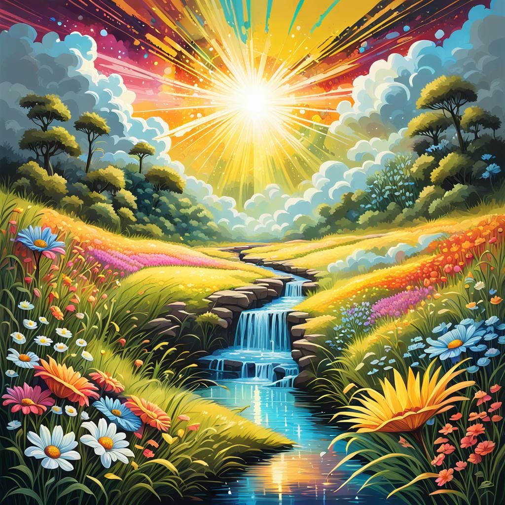 Golden Sun Rays on a Vivid Meadow