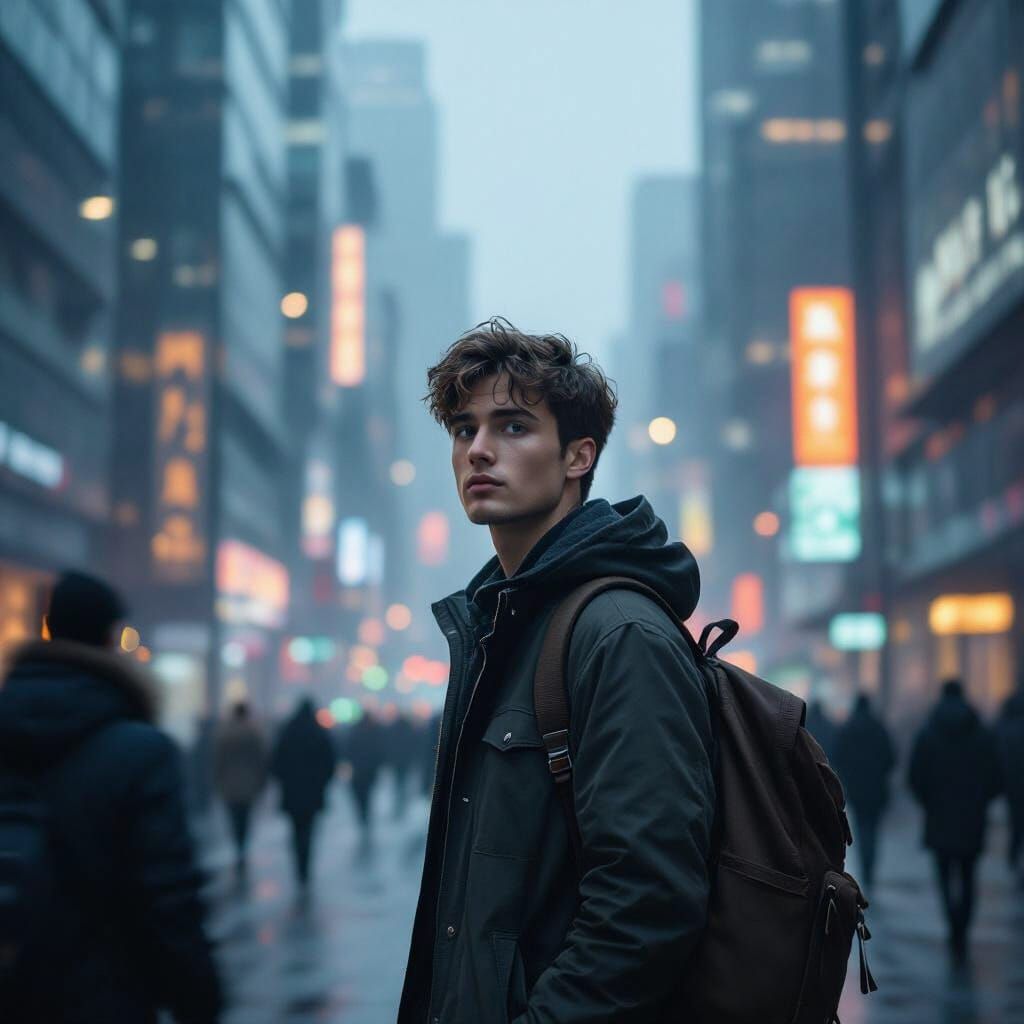 Lost Young Man in a Glowing Futuristic City