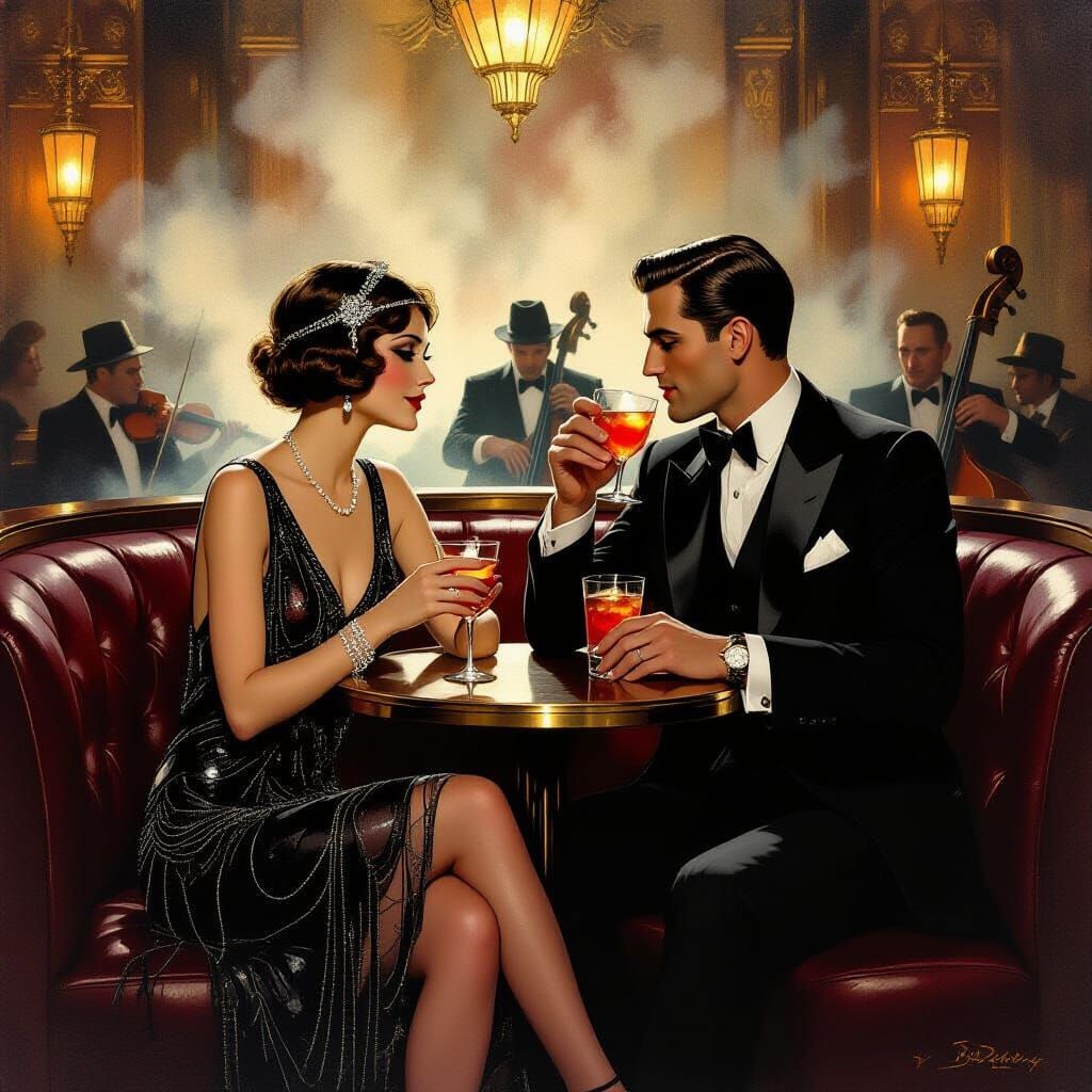 Elegant 1920s Speakeasy Scene in Oil Painting Style