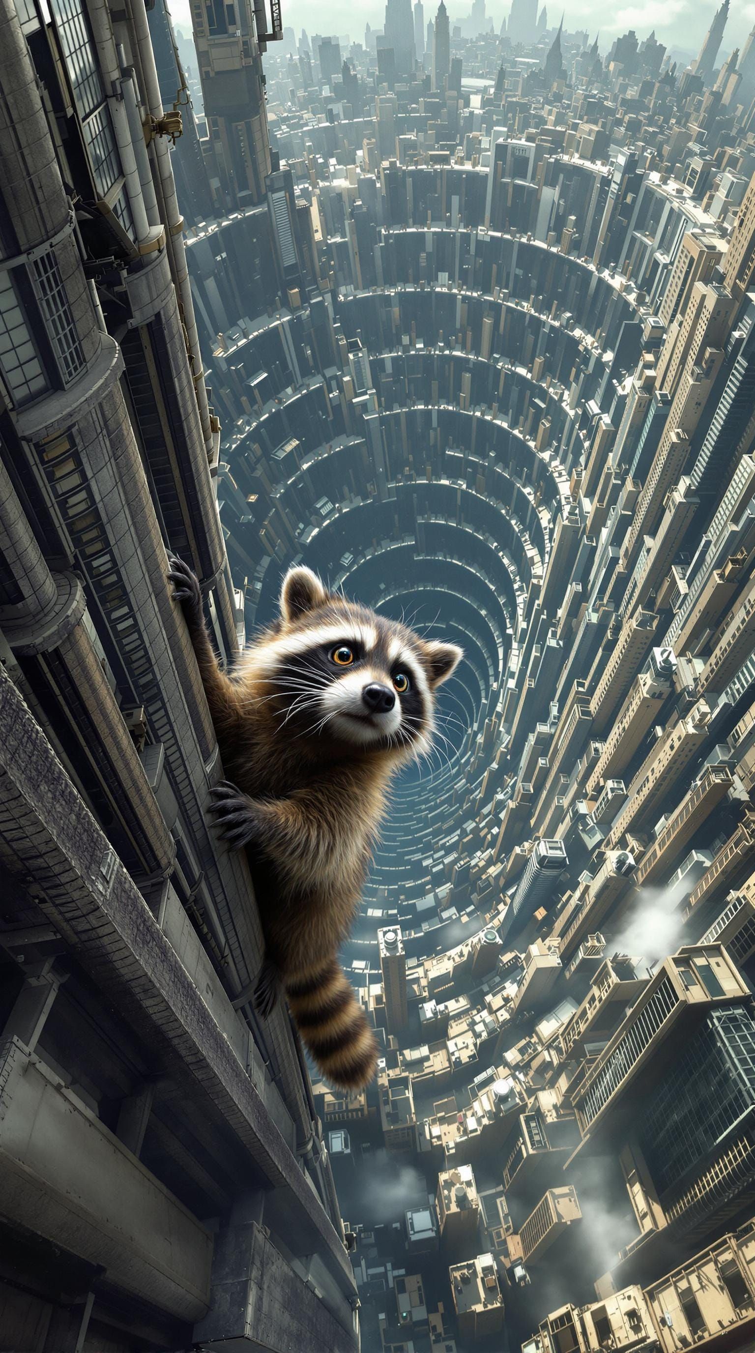 Raccoon on Gravity-Defying Skyscraper in Surreal Style