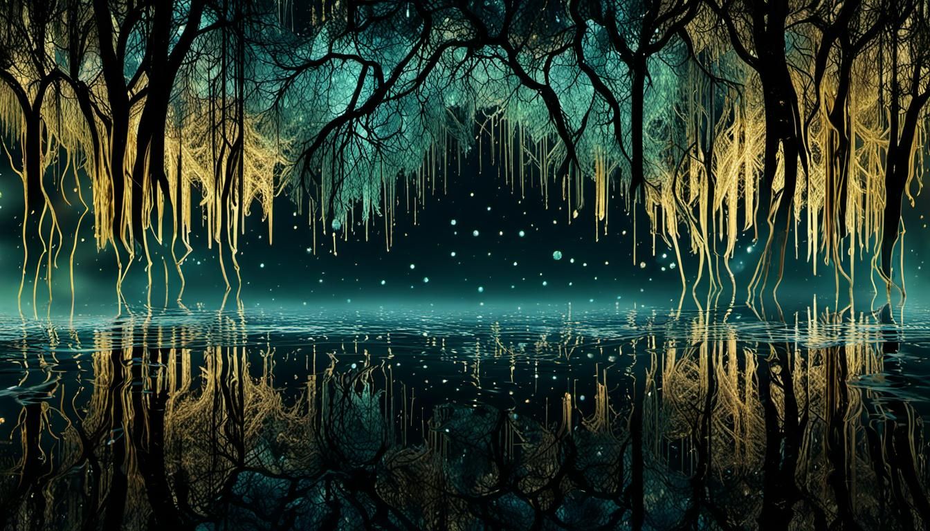 Crystal Willows at Night: Surreal Double Exposure Landscape