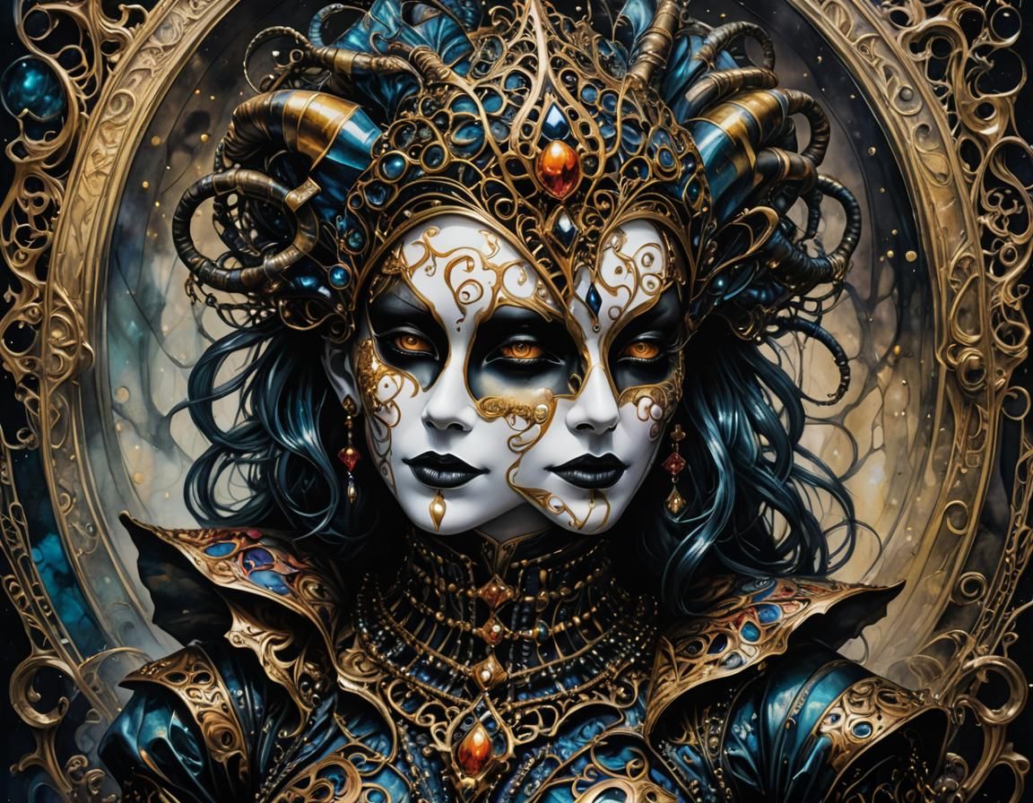 Masked Harlequin Dancing in Alcohol Ink Style